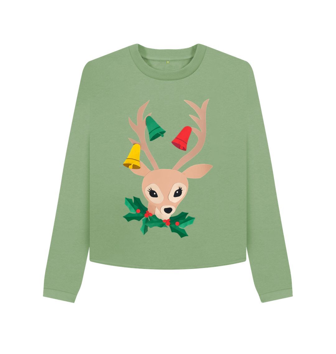 Sage Christmas kitsch deer women's cropped jumper
