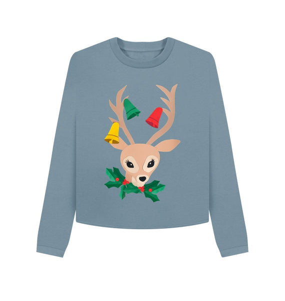 Stone Blue Christmas kitsch deer women's cropped jumper