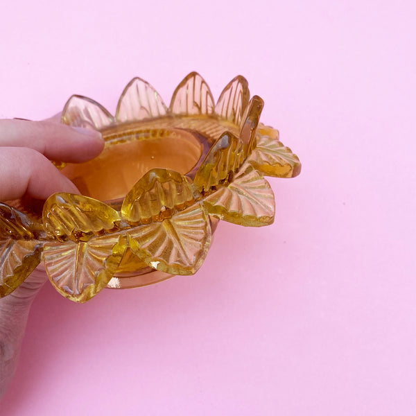 Vintage yellow glass ashtray / candle holder | flower design